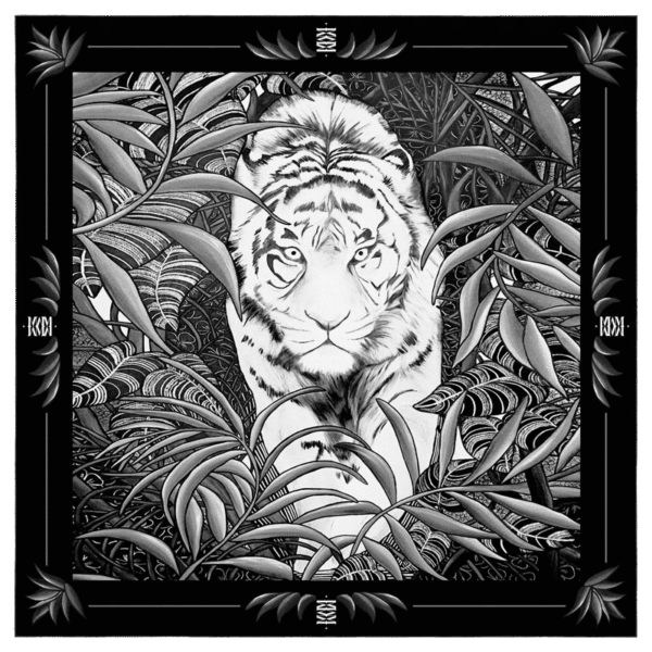 Foulard carré twill de soie imprimé roulotté à la française par Maison Fétiche Thématique : tigre blanc dans une foret exotique et luxuriante