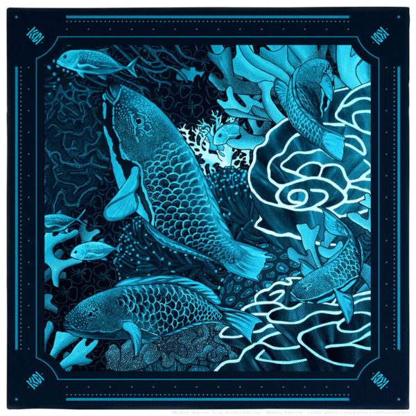 Pochette costume homme soie bleu fond sous marin poisson perroquet 30 x 30