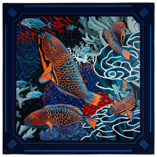 Pochette mouchoir costume homme soie bleu fond sous marin poisson perroquet corail gorgone 30 x 30
