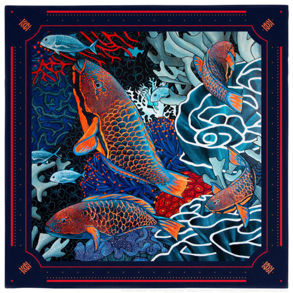 Pochette costume homme soie bleu fond sous marin poisson perroquet corail gorgone 30 x 30
