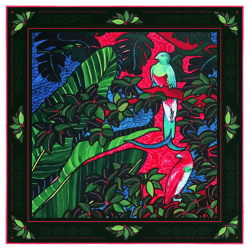 Foulard carré twill de soie imprimé roulotté à la française par Maison Fétiche Thématique : oiseaux du paradis roses vifs dans une foret luxuriante faite de grosses feuilles en vert tendre
