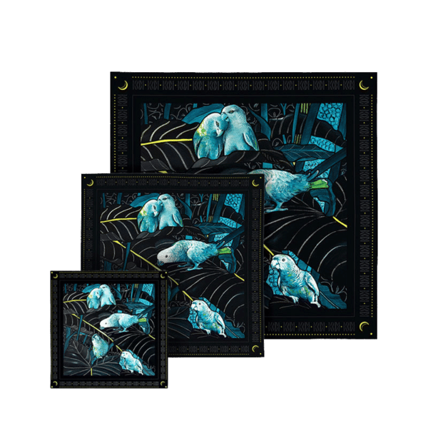 Coffret familiale 3 foulards soie imprimés noir et bleu thème perroquet