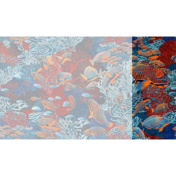 Raccord papier peint panoramique orange et bleu sous marin Lé N°1