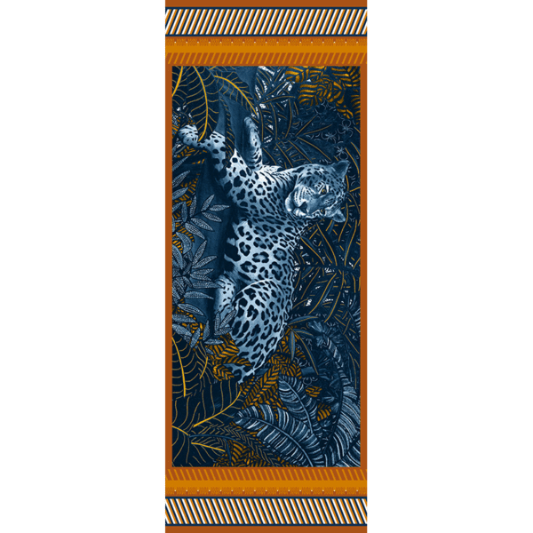 étole laine soie 185 x 70 cm La danse Kaki de chez Maison Fétiche jaguar panthère jungle bleue