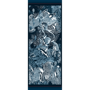 Chèche laine soie 185 x 70 cm La danse Blue de chez Maison Fétiche corail poissons perroquets fond sous marin