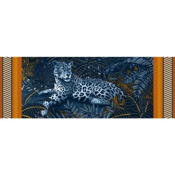 étole laine soie 185 x 66 cm Mon élégante Orange de chez Maison Fétiche jaguar panthère jungle bleue
