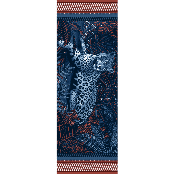 étole laine soie 185 x 66 cm Mon élégante Rouge de chez Maison Fétiche jaguar panthère jungle bleue
