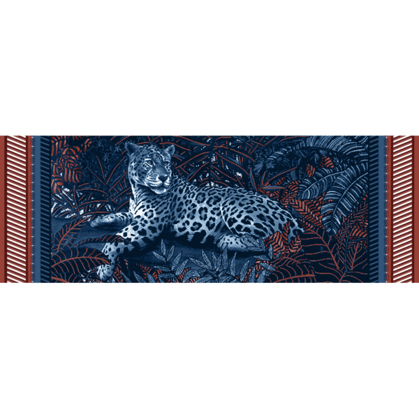 étole laine soie 185 x 66 cm Mon élégante Rouge de chez Maison Fétiche jaguar panthère jungle bleue