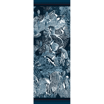 Chèche laine soie 185 x 66 cm La danse Blue de chez Maison Fétiche corail poissons perroquets fond sous marin