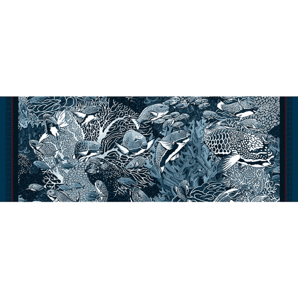 Chèche laine soie 185 x 66 cm La danse Blue de chez Maison Fétiche corail poissons perroquets fond sous marin