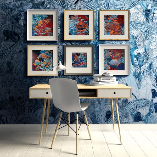 Détail Papier peint Panoramique LES GARDIENS Maison Fétiche Duplicable à l'infini verticalement et horizontalement bleu azulejos papier intissé