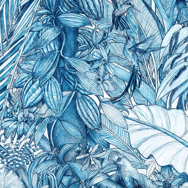 Détail Papier peint Panoramique LES GARDIENS Maison Fétiche Duplicable à l'infini verticalement et horizontalement bleu azulejos papier intissé