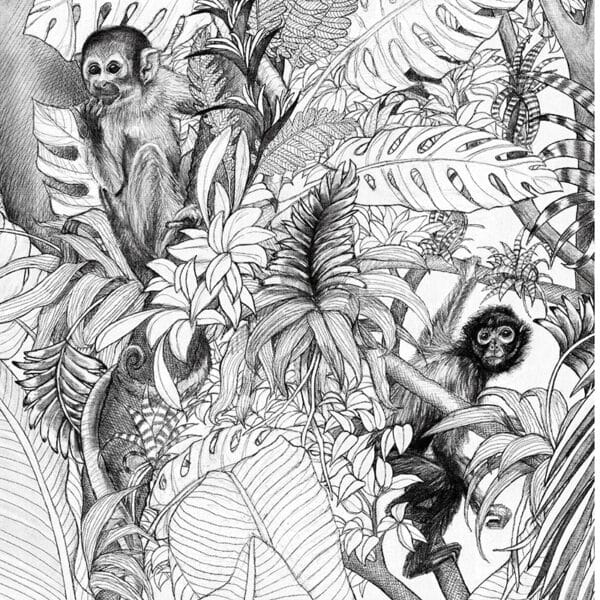 Détail du Papier peint Panoramique LES GARDIENS Maison Fétiche Duplicable à l'infini verticalement et horizontalement Foret Amazonienne Noie et blanc papier intissé